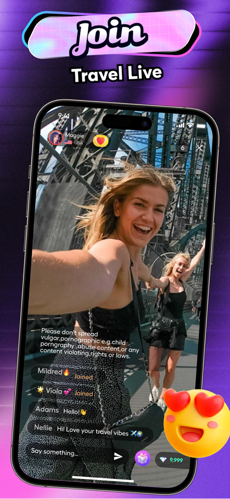 Pantalla de la aplicación móvil que muestra una transmisión de viajes en vivo en Terol con comentarios de usuarios en tiempo real y funciones de chat de video.
