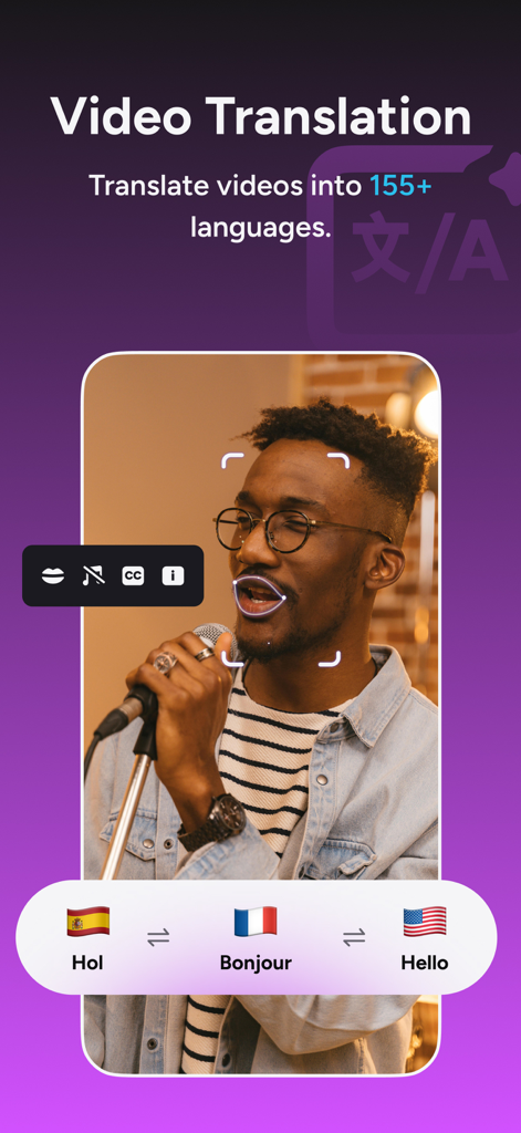 Akool - AI Video Generator - Akool app interface showing video translation feature translating a speaker's voice into Spanish French and English with lip-syncing
