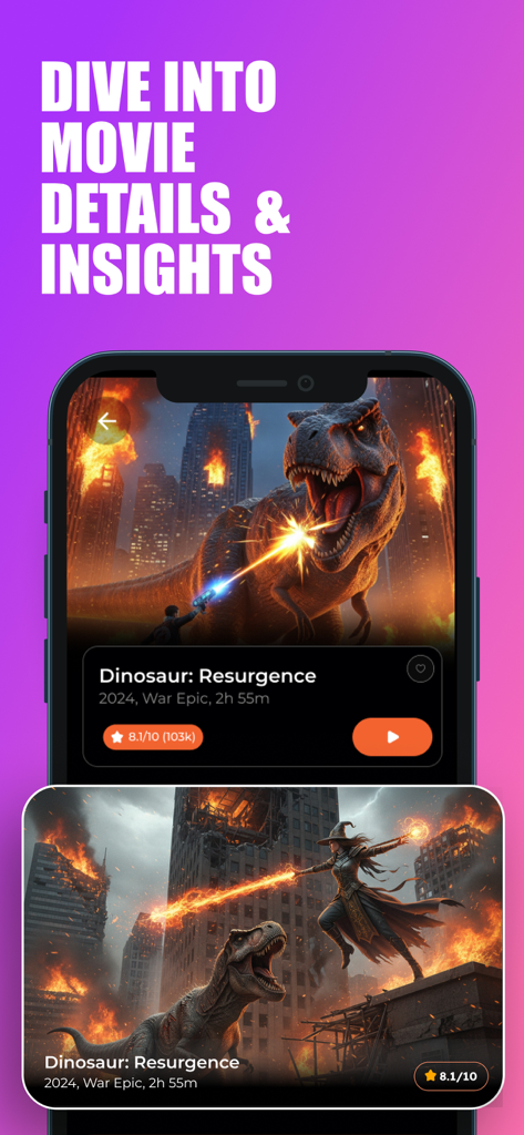 HITV PRO app screen showing detailed movie information and ratings for a dinosaur action film