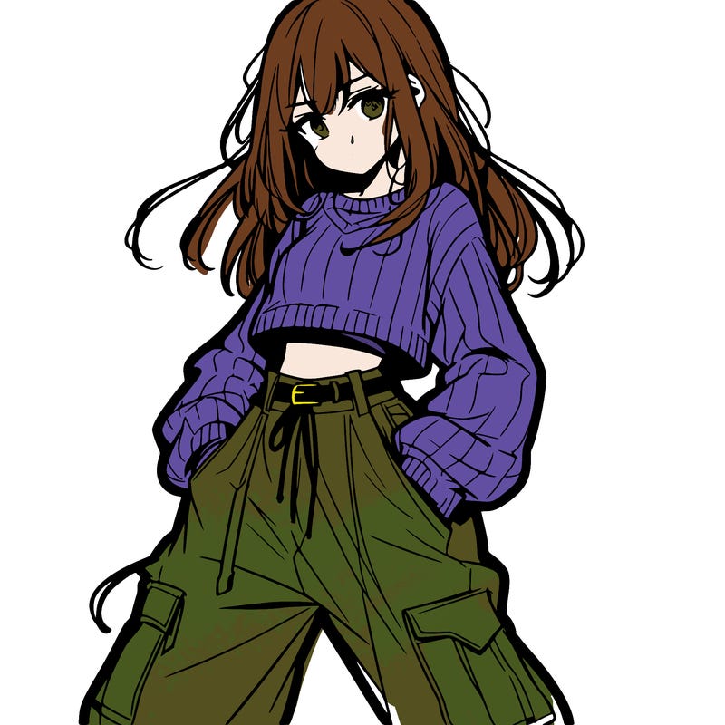 anime teen girl with baggy pants and crop top with sweater