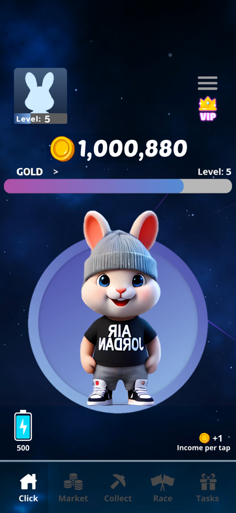 Bunny Clicker - Main interface of Bunny Clicker showing an adorable bunny character in streetwear with a coin balance of over one million