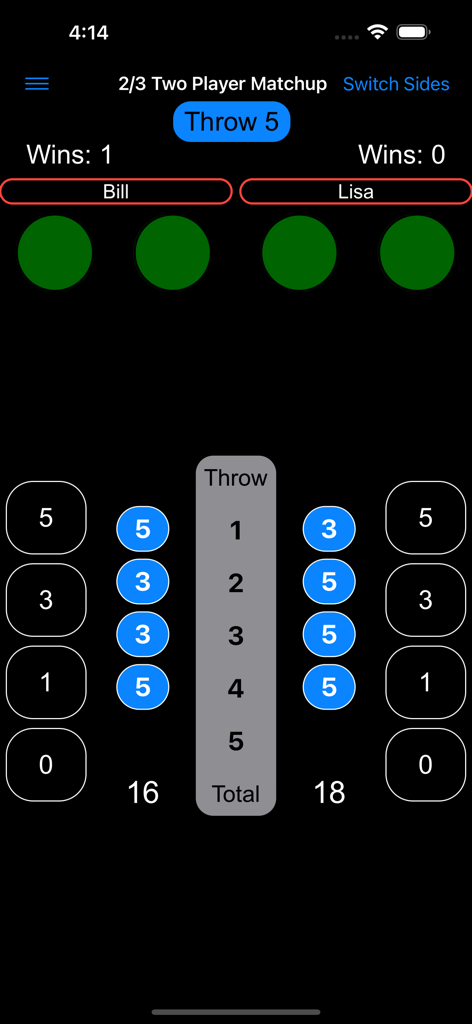 Axe Tracker app screen showing score tracking for a two-player axe throwing match.