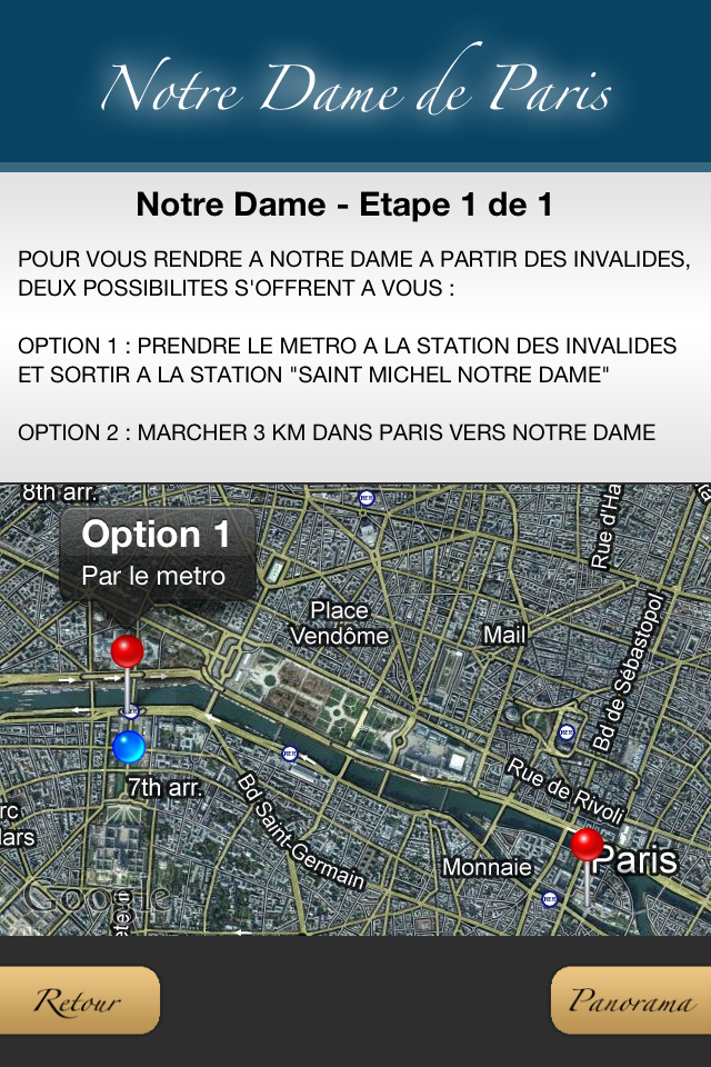 Paris en 3 jours - Tela de navegação mostrando rotas de metrô e a pé para Notre Dame em Paris com um mapa interativo