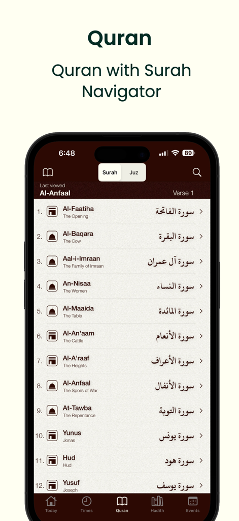 A smartphone screenshot showing the Quran Surah Navigator list in the Prayer Times Qibla Compass Pro app with English and Arabic titles.