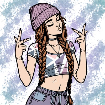 realistic teenage girl with braids and a beanie and crop top doing 🫶🏼
