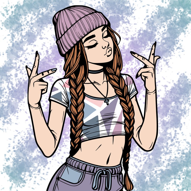 realistic teenage girl with braids and a beanie and crop top doing 🫶🏼
