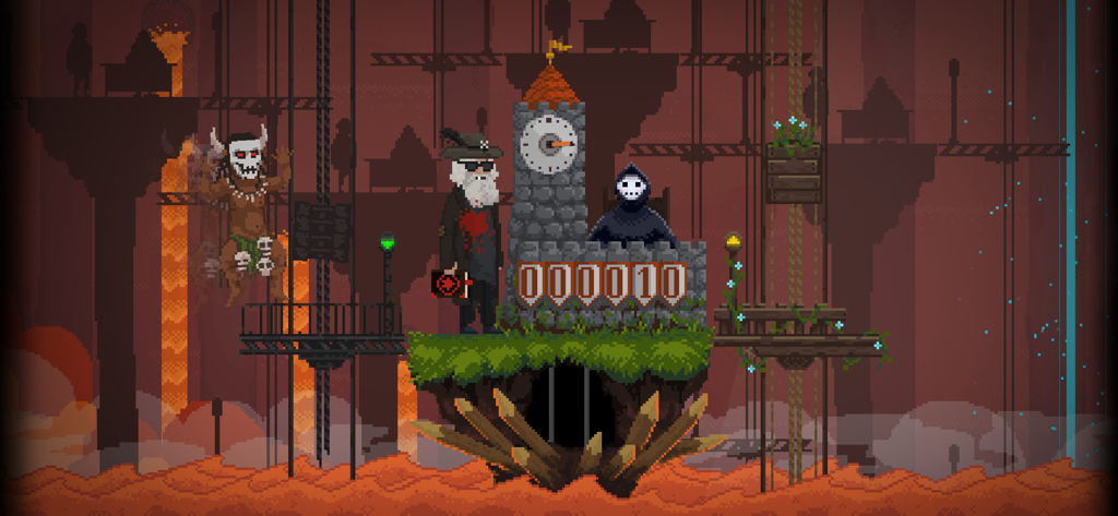 Peace Death arcade simulator gameplay featuring pixel art characters in Hell