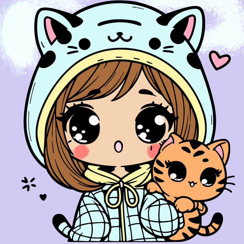 kawaii girl in cute cat hoodie holding a kawaii bengal