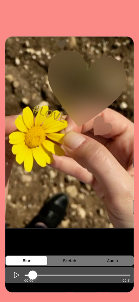 Applying a heart shaped blur to a video of a yellow flower within the Blur Video and Mosaic app interface