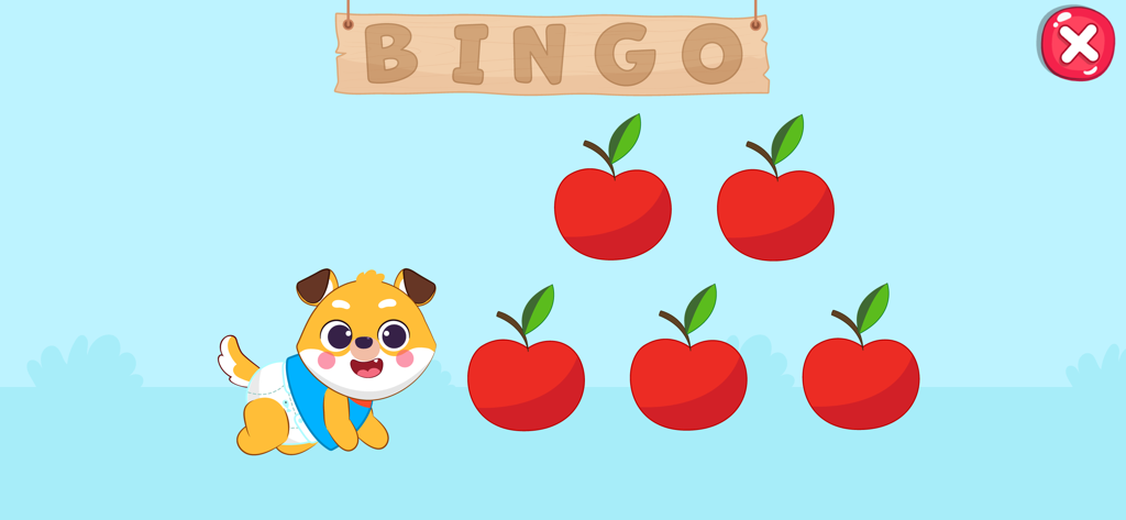 Kids Nursery Rhymes & Songs 1+ - Un cachorro de dibujos animados de pie junto a cinco manzanas rojas bajo un letrero de Bingo de madera en una aplicación educativa para niños.