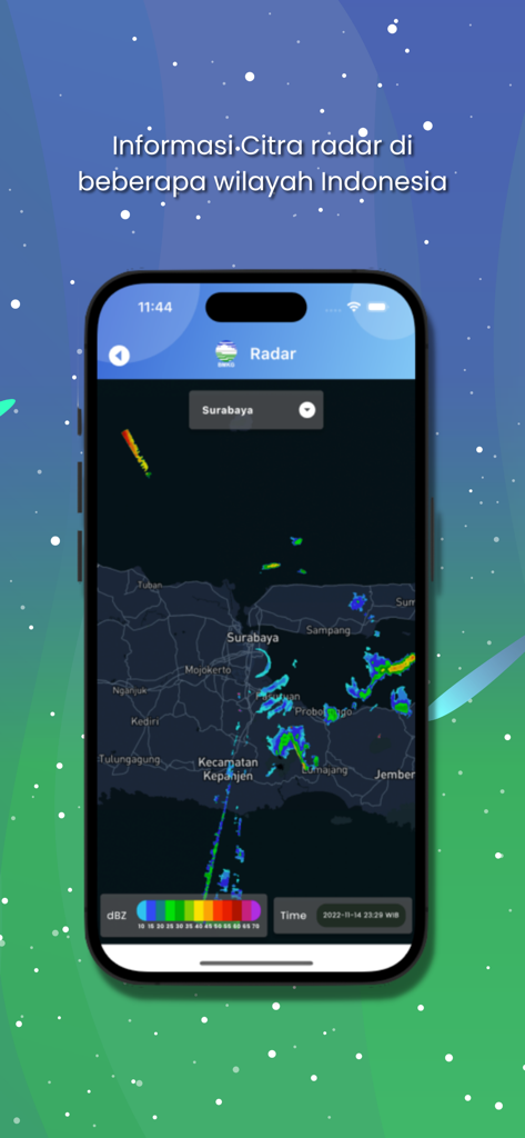 Info BMKG mobile app showing real-time weather radar data for Surabaya Indonesia