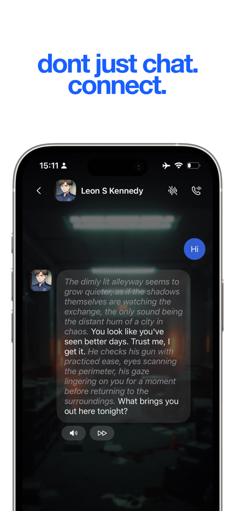 mochii - Emochi alternative - A screenshot of the mochii app interface showing a narrative roleplay chat session with an AI character named Leon S Kennedy.