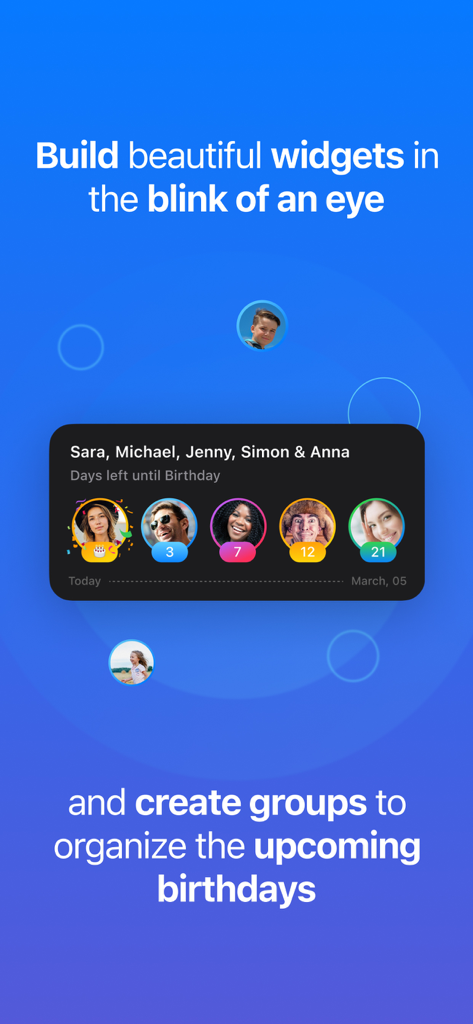 Birthday Countdown • Reminder - Dark mode birthday countdown widget displaying profile photos and days remaining for a group of friends