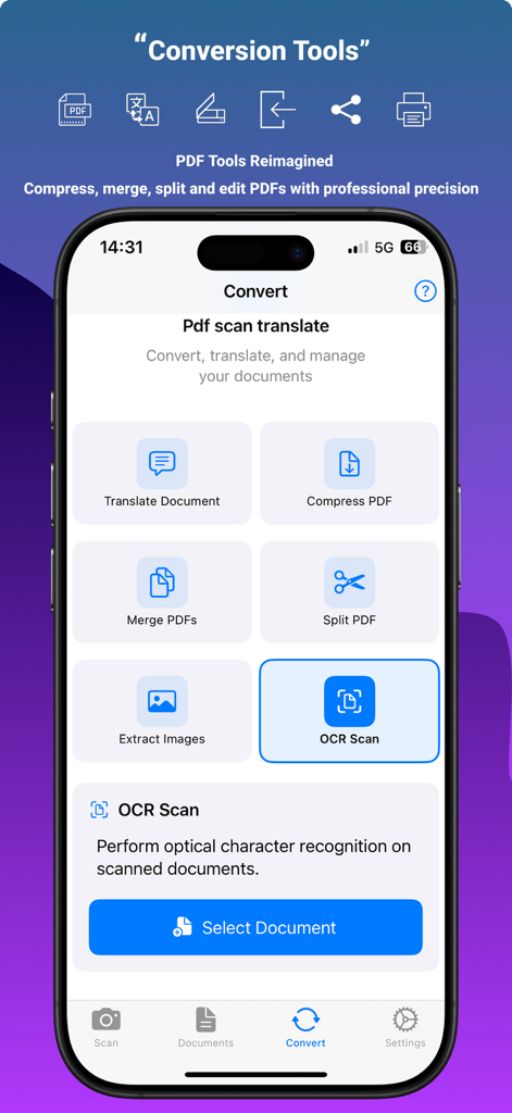 Pdf scan translateアプリのインターフェース。OCRスキャン、翻訳、圧縮、PDF編集を含むドキュメント変換ツールを表示しています。