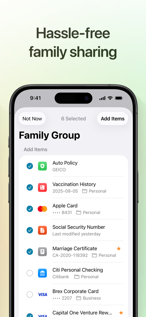 Uplock - A mobile app interface titled Family Group showing a list of selected items like insurance, medical records, and ID cards for sharing.
