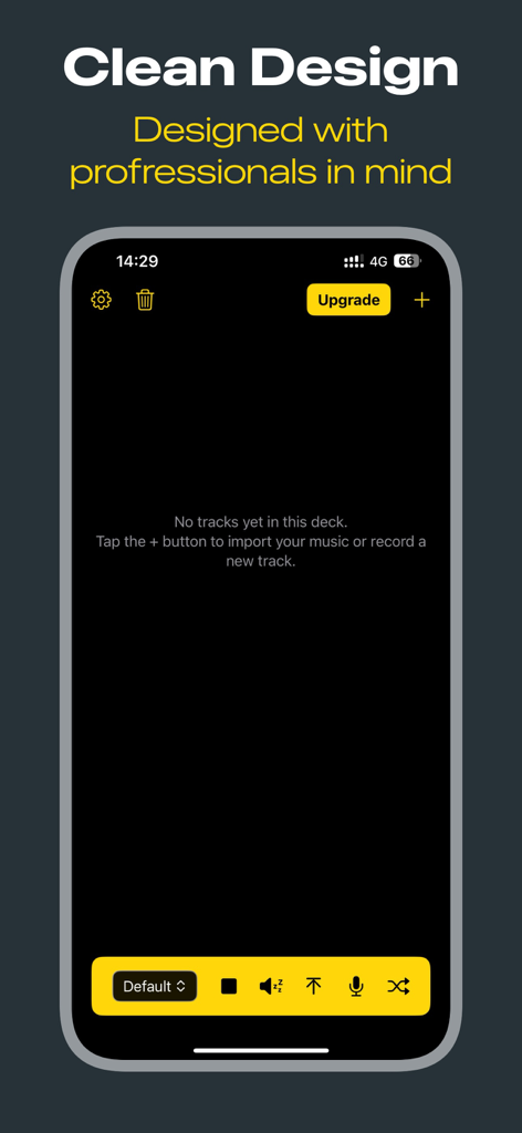 Soundboard Pro - La aplicación Soundboard Pro muestra una interfaz limpia en modo oscuro con botones de control amarillos para una producción de audio profesional.