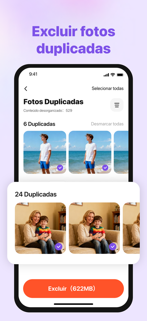 MediaClean: storage cleaner - MediaClean app interface identifying and selecting duplicate photos for deletion