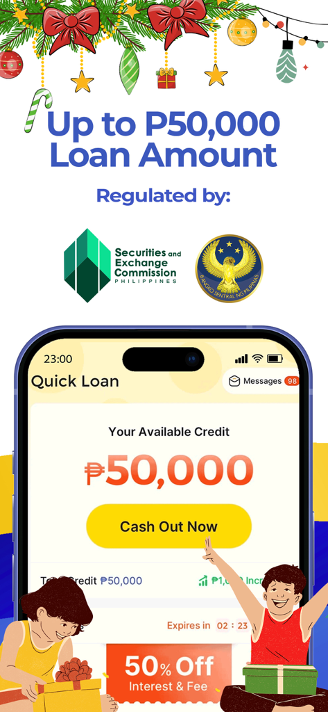 Mocasa: Pay Later & Quick Loan - Interface do aplicativo móvel Mocasa mostrando uma oferta de empréstimo rápido de 50.000 pesos filipinos com selos regulatórios oficiais.