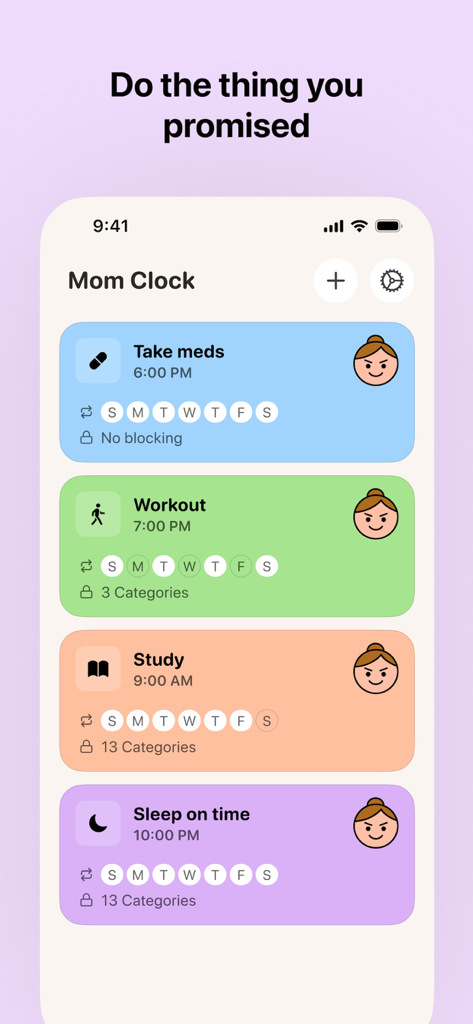 Mom Clock app interface showing a list of scheduled tasks like meds, workout, study, and sleep with app blocking features
