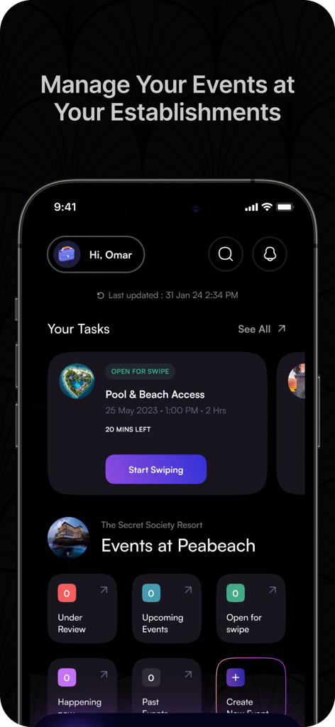 The Secret Society - Mobile app dashboard for managing influencer events and tasks