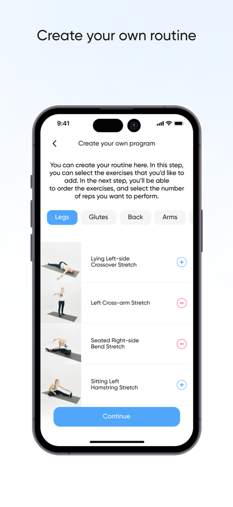Stretch Zone and Flexibility - Interface of the AZ Stretch app showing how to create a personalized stretching routine by selecting specific exercises.