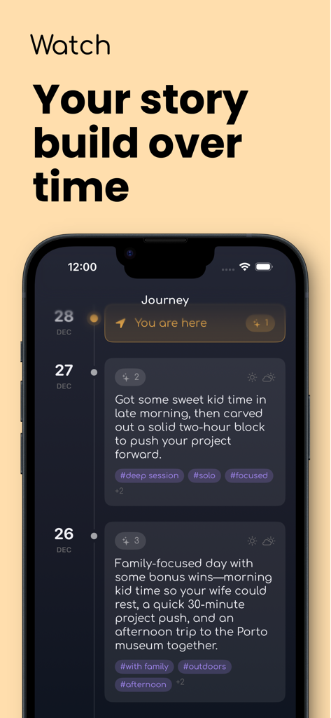 Timeline view of the Doing Great app showing a chronological log of daily wins and personal reflections.
