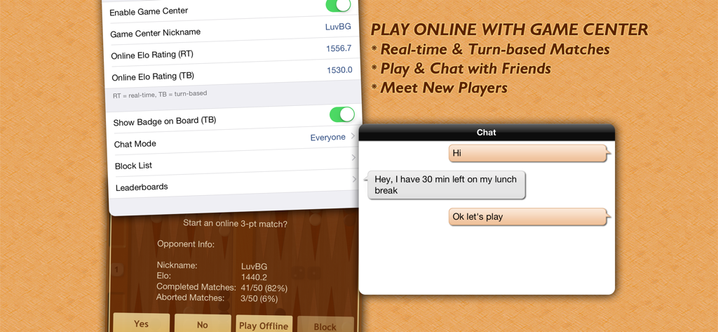 Online multiplayer interface for Backgammon NJ HD featuring Elo ratings and chat