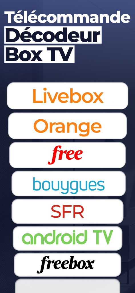 TélécBox : télécommande box tv - TelecBox universal remote app screen listing compatible TV box providers.
