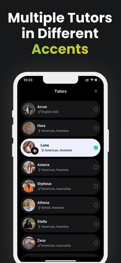 Speak English with Verbally AI - Ein Menü in der Verbally AI-App, das mehrere KI-Tutoren mit unterschiedlichen amerikanischen und britischen Akzenten zeigt