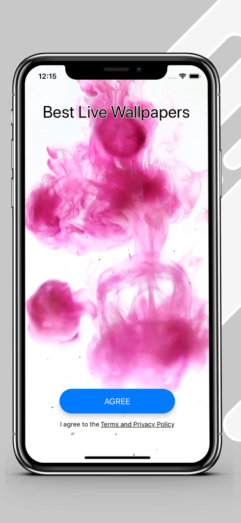 4K HD Live Wallpapers - Tela do iPhone exibindo a página de integração do aplicativo Best Live Wallpapers com um design de fumaça rosa e um botão de concordância