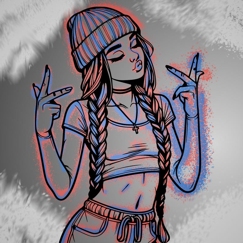 realistic teenage girl with braids and a beanie and crop top doing 🫶🏼