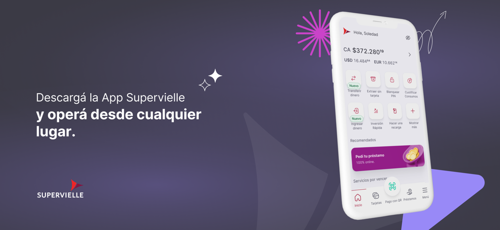 Supervielle - Smartphone screen showing the Supervielle app dashboard with account balances and financial features