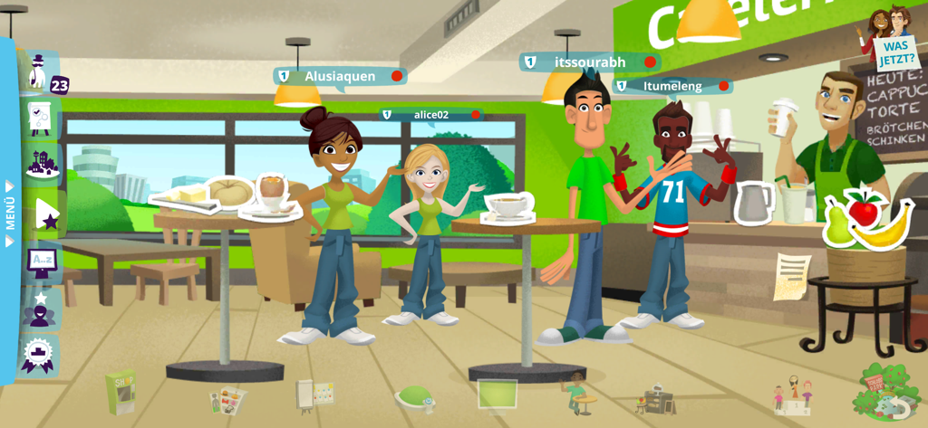 Lern Deutsch - Characters in a university cafeteria within the Lern Deutsch language learning app