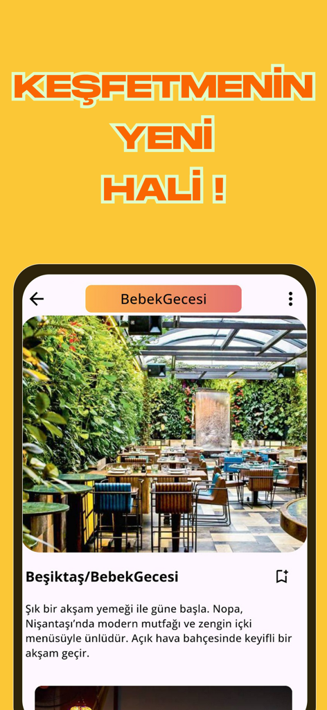 Wanderjoy - Interfaz de la aplicación Wanderjoy que muestra un restaurante elegante con vegetación exuberante y texto de descubrimiento de viajes en turco.