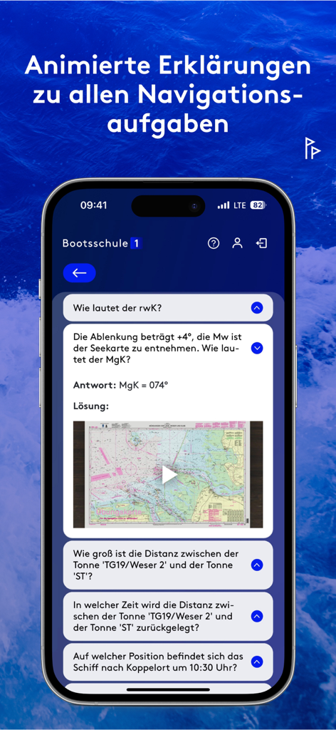 Bootsschule1 - Bootsschule1 app interface showing animated explanations for nautical navigation tasks and chart calculations