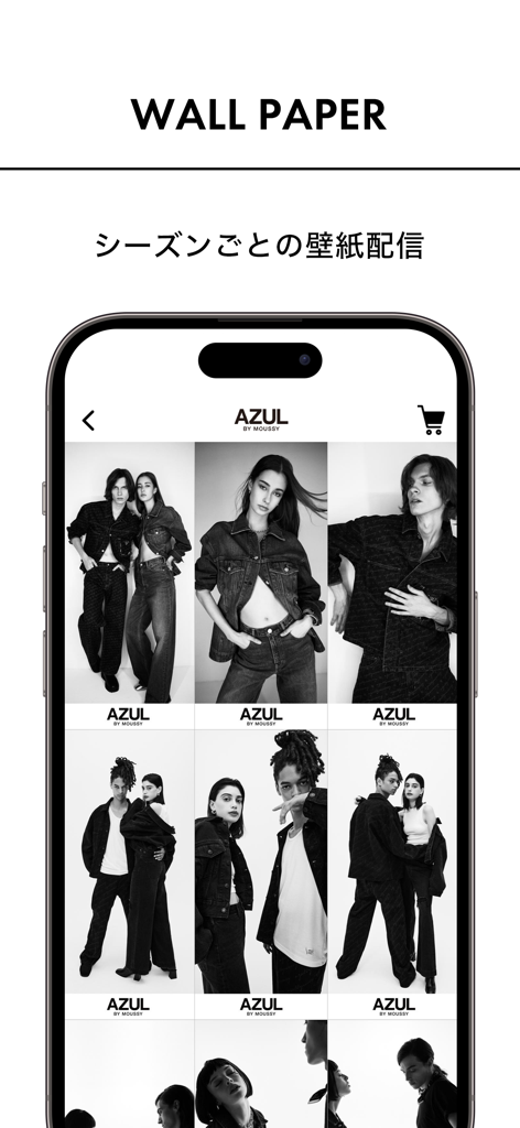 AZUL BY MOUSSY公式アプリ - AZUL BY MOUSSY mobile app screen showing seasonal fashion wallpapers featuring models in denim streetwear