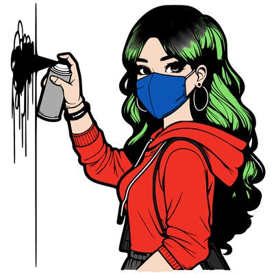 realistic girl with mask spray painting a wall