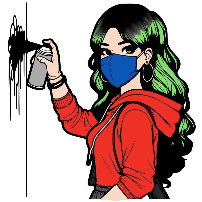 realistic girl with mask spray painting a wall