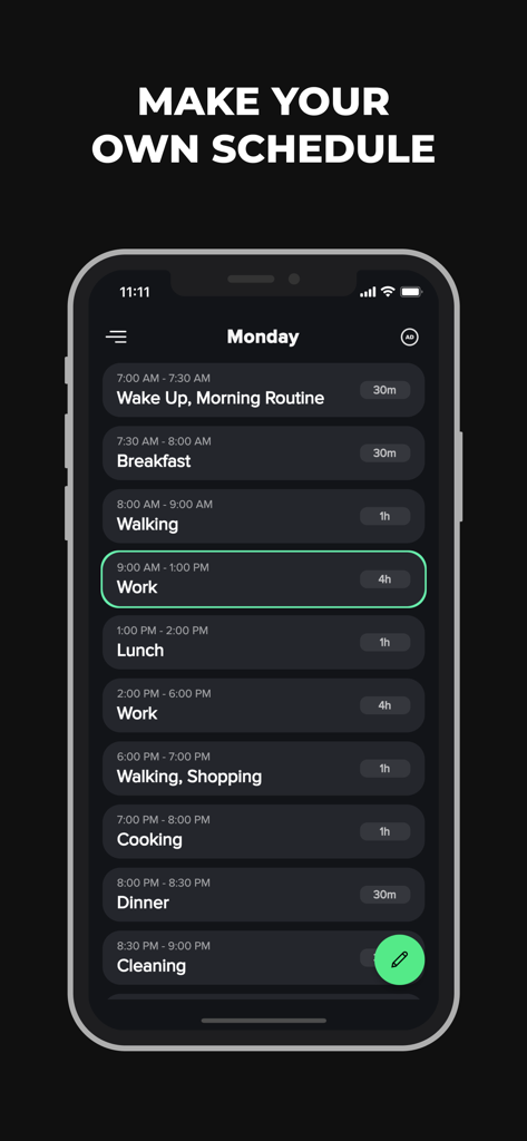 Daily Routine Planner App - Minimalist daily routine planner app interface displaying a dark mode schedule with time-blocked tasks for Monday