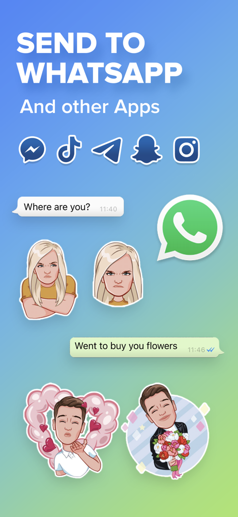Mirror: Emoji & Avatar Maker - Individuelle Avatar-Sticker aus der Mirror-App, die in einer WhatsApp-Chat-Oberfläche verwendet werden