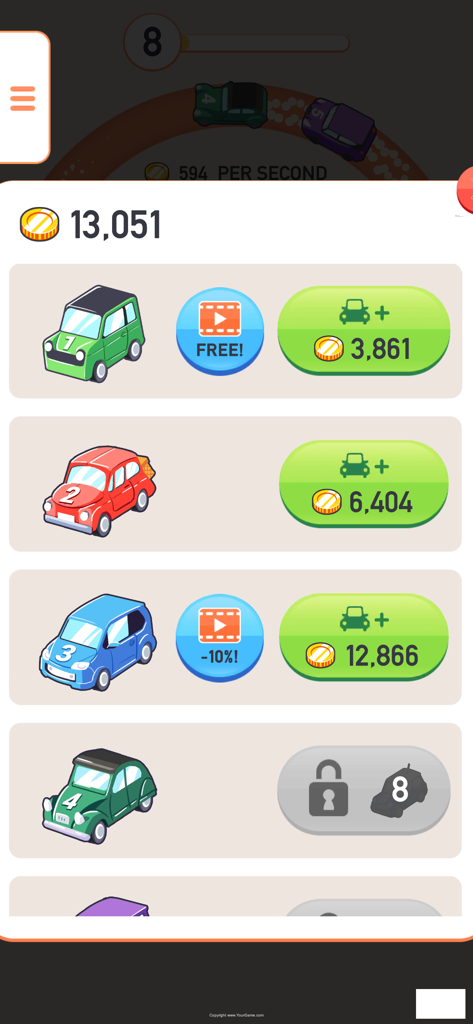 Car Merger game shop menu showing a list of unlockable cars and their purchase prices in coins