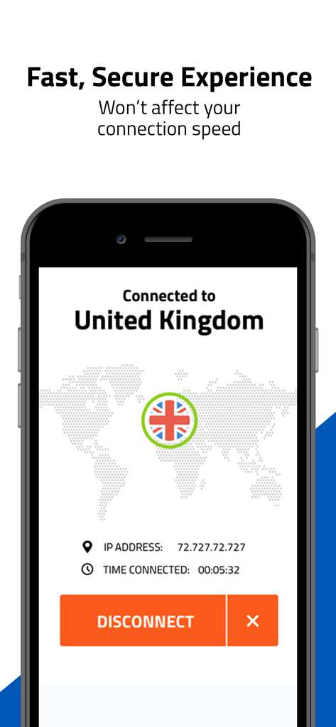 Webroot WiFi Security app interface showing a secure VPN connection to the United Kingdom with an emphasis on speed.