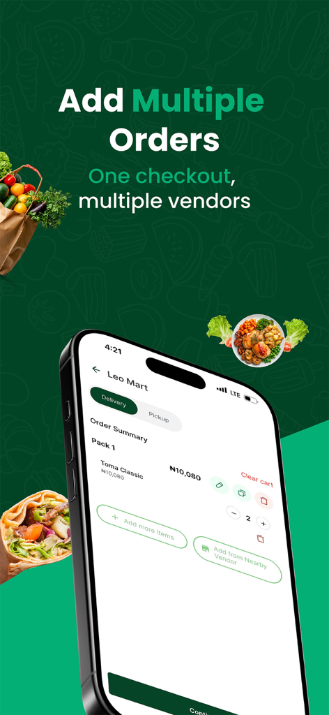 Interfaccia dell'app Eatables che mostra l'opzione per aggiungere ordini multipli da fornitori diversi in un unico checkout.