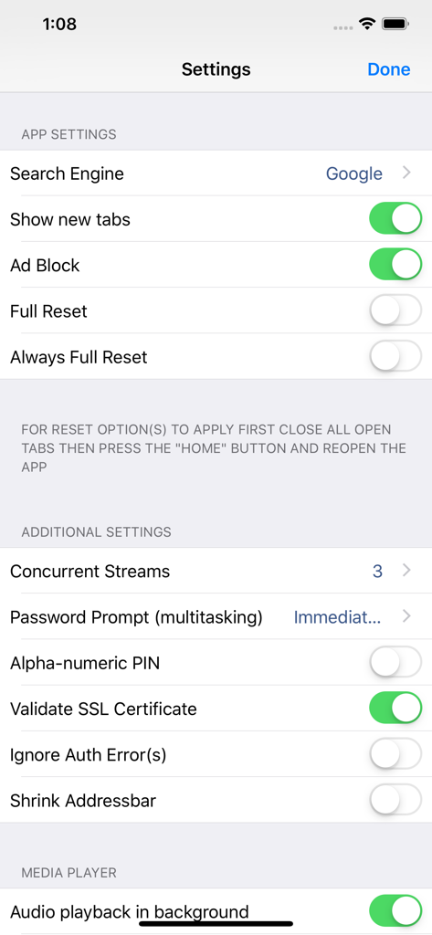 Rocket Video Cast - Menú de configuración de la aplicación Rocket Video Cast que muestra opciones de bloqueo de anuncios y configuración del navegador