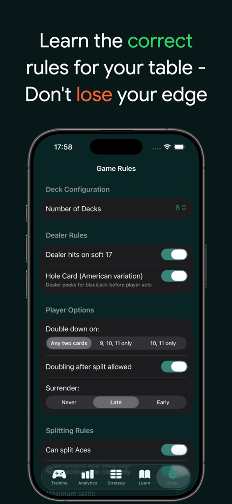 Customizable blackjack table rules settings screen in the Learn Blackjack app showing deck count and dealer options.