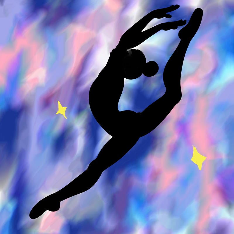 gymnast doing a leap in a leotard with a bent back leg