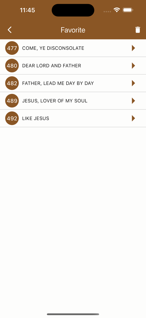 SDA聖歌隊アプリのお気に入り賛美歌のリストが表示されている画面。タイトルと番号が含まれています。