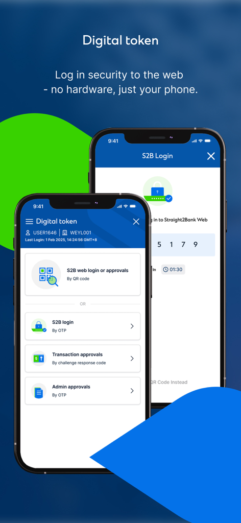 Straight2Bank - Straight2Bank mobile interface highlighting digital token for secure web logins and business approvals.