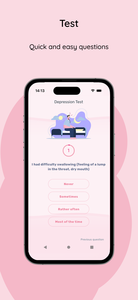 Depression Test - Quick Test - 여러 선택 응답 옵션이 있는 빠른 우울증 검진 질문을 보여주는 모바일 앱 인터페이스.