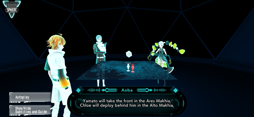 ALTDEUS: Beyond Chronos - Characters in a futuristic room discussing battle strategy and Makhia deployment in ALTDEUS Beyond Chronos